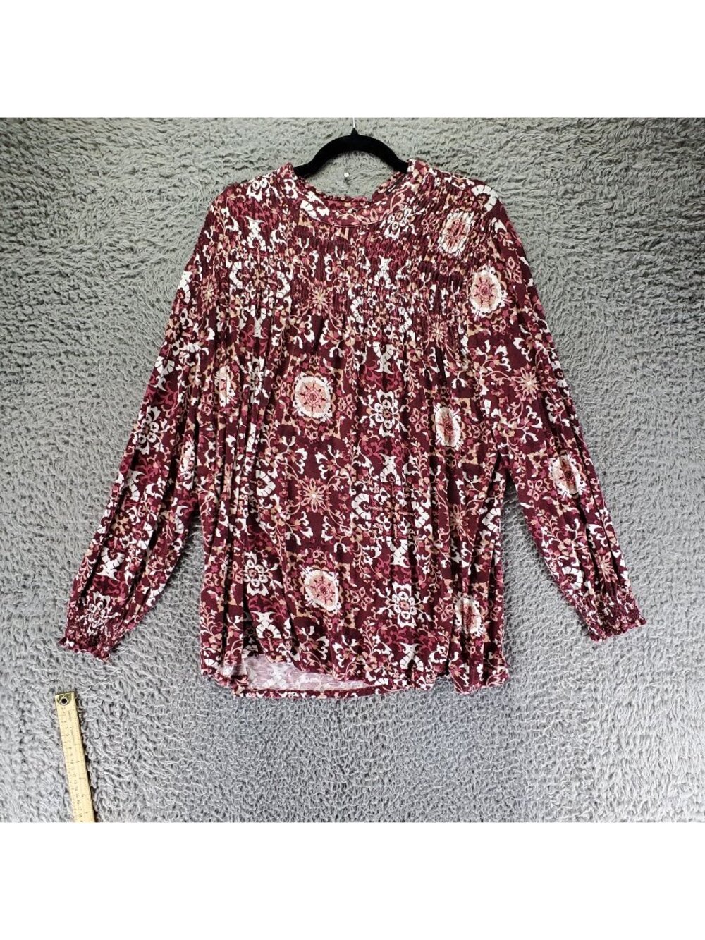 RXB Top Womens 3X Burgundy Red Floral Long Sleeve Rayon Spandex Smocked Blouse